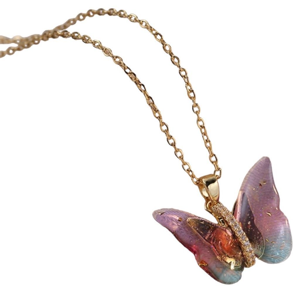 Butterfly Pink Green Gold Plated Necklace - Picture 10 of 13
